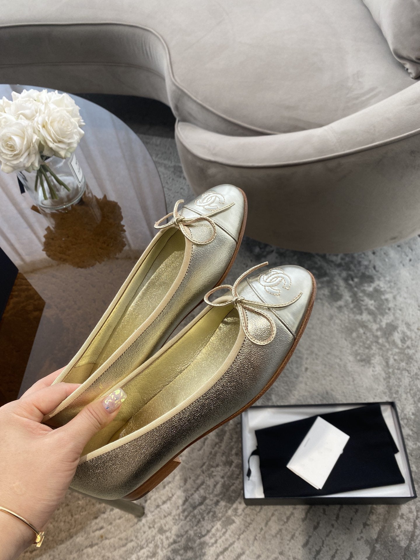 CHANEL BALLET FLATS LIGHT GOLD LAMBSKIN