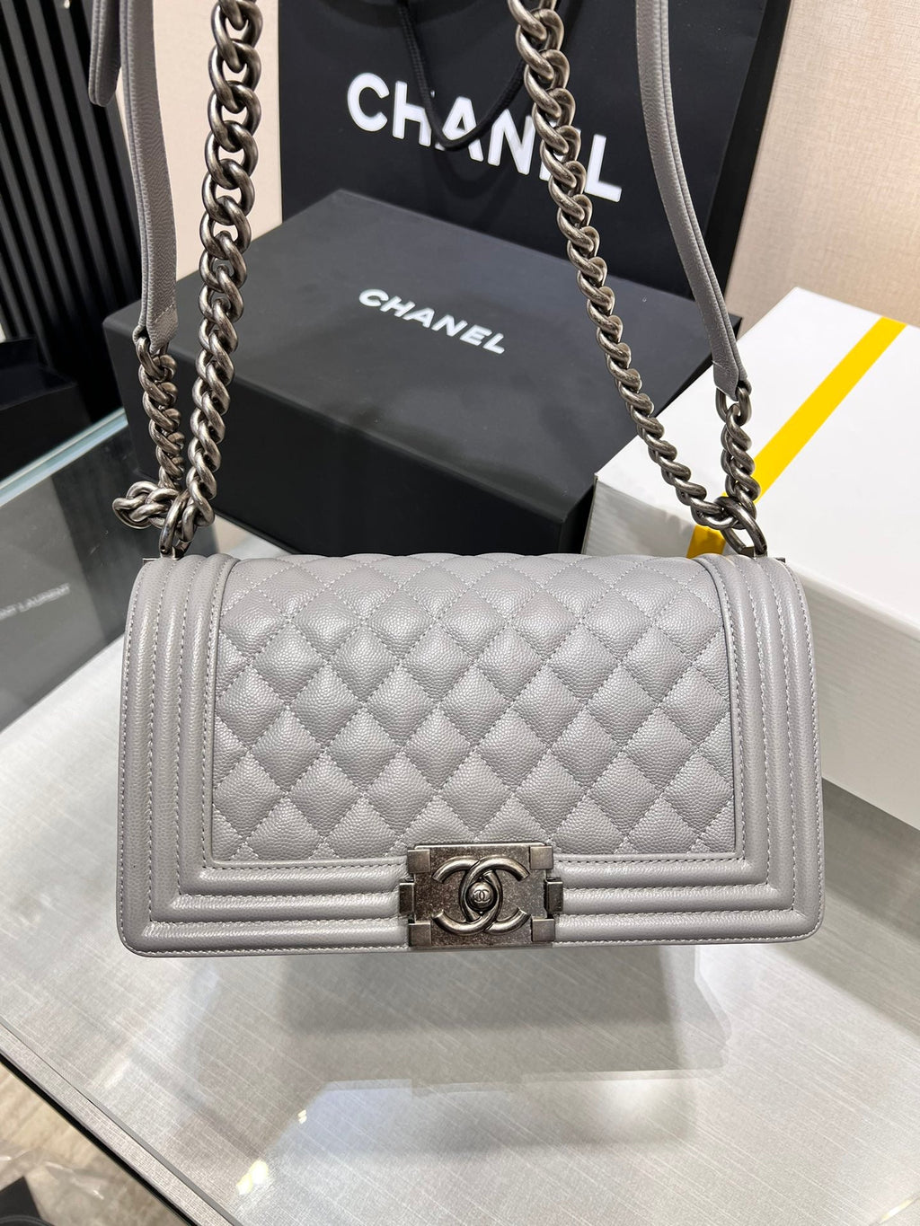 CHANEL BOY BAG MEDIUM 25 GREY CAVIAR RUTHENIUM HARDWARE