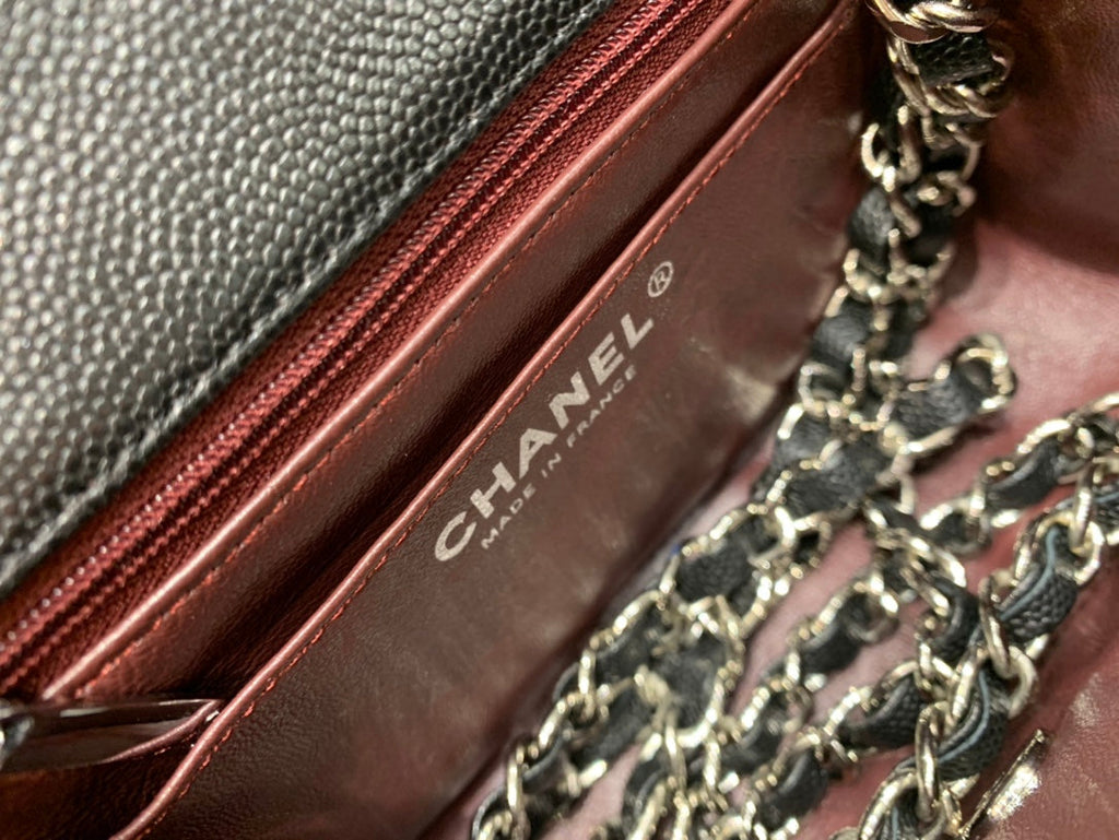 CHANEL MINI SQUARE FLAP BAG 17CM BLACK CAVIAR SILVER HARDWARE