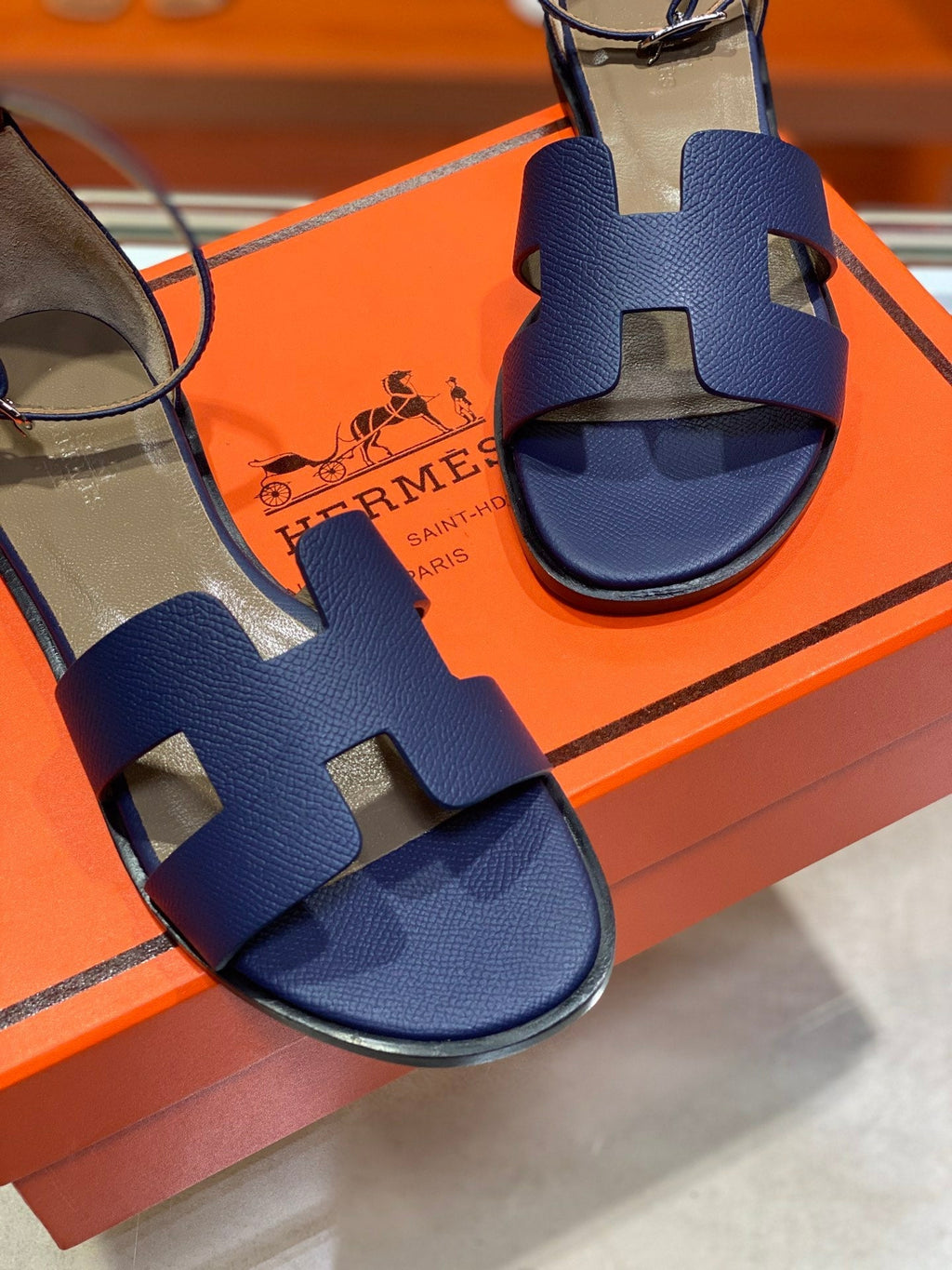 HERMES SANTORINI SANDAL NAVY CALFSKIN