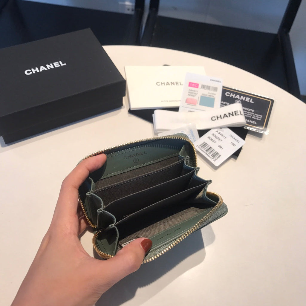 CHANEL ZIPPED CAVIAR PURSE 11 TURQUOISE CALFSKIN GOLD ICON