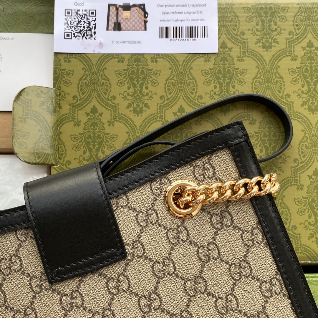 GUCCI PADLOCK MEDIUM 26 SHOULDER BAG BEIGE CANVAS AND BLACK CALFSKIN
