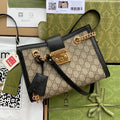 GUCCI PADLOCK MEDIUM 26 SHOULDER BAG BEIGE CANVAS AND BLACK CALFSKIN