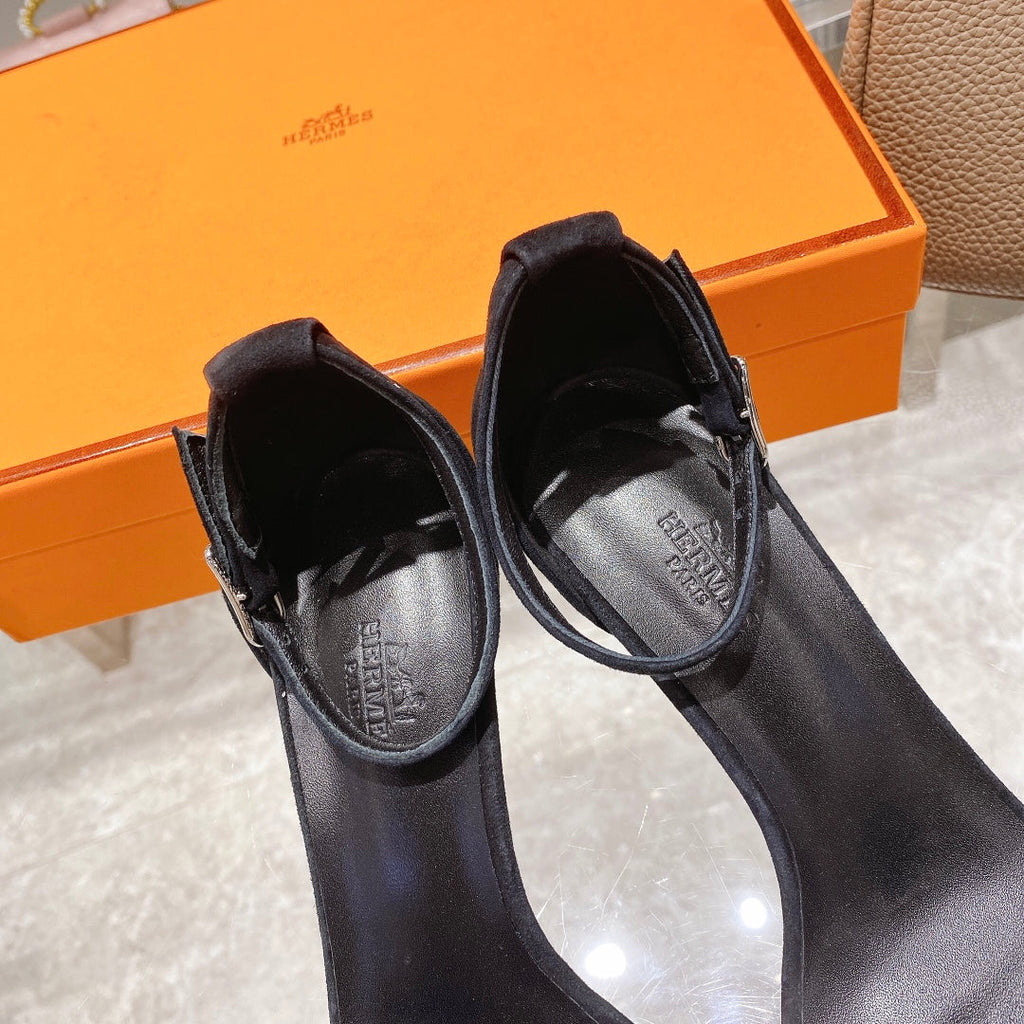 HERMES PREMIERE 70 SANDAL IN BLACK SUEDE WITH RHINSTONES