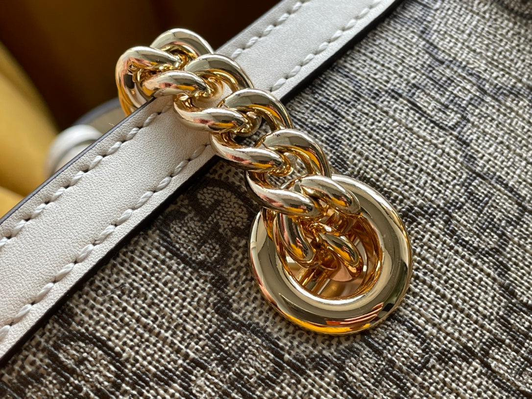 GUCCI PADLOCK LARGE 35 SHOULDER BAG BEIGE CANVAS AND WHITE CALFSKIN