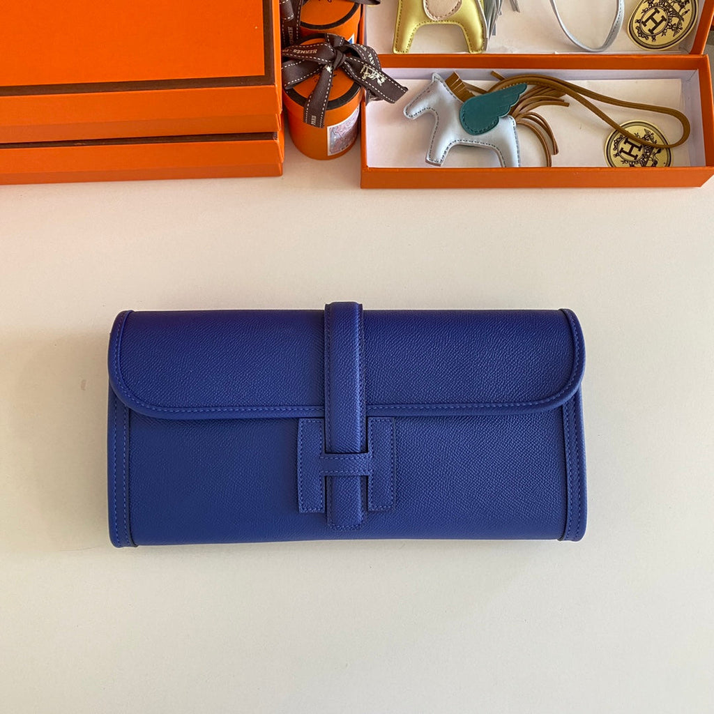 HERMES JIGE ELAN 29 CLUTCH IN COBALT BLUE CALFSKIN