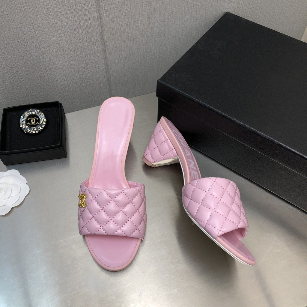 CHANEL rev cone heel mule slide sandal pink quilted lambskin 6cm