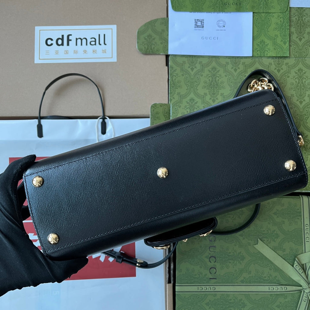 GUCCI HORSEBIT 1955 MEDIUM TOP HANDLE BAG 29 IN BLACK CALFSKIN GOLD HARDWARE