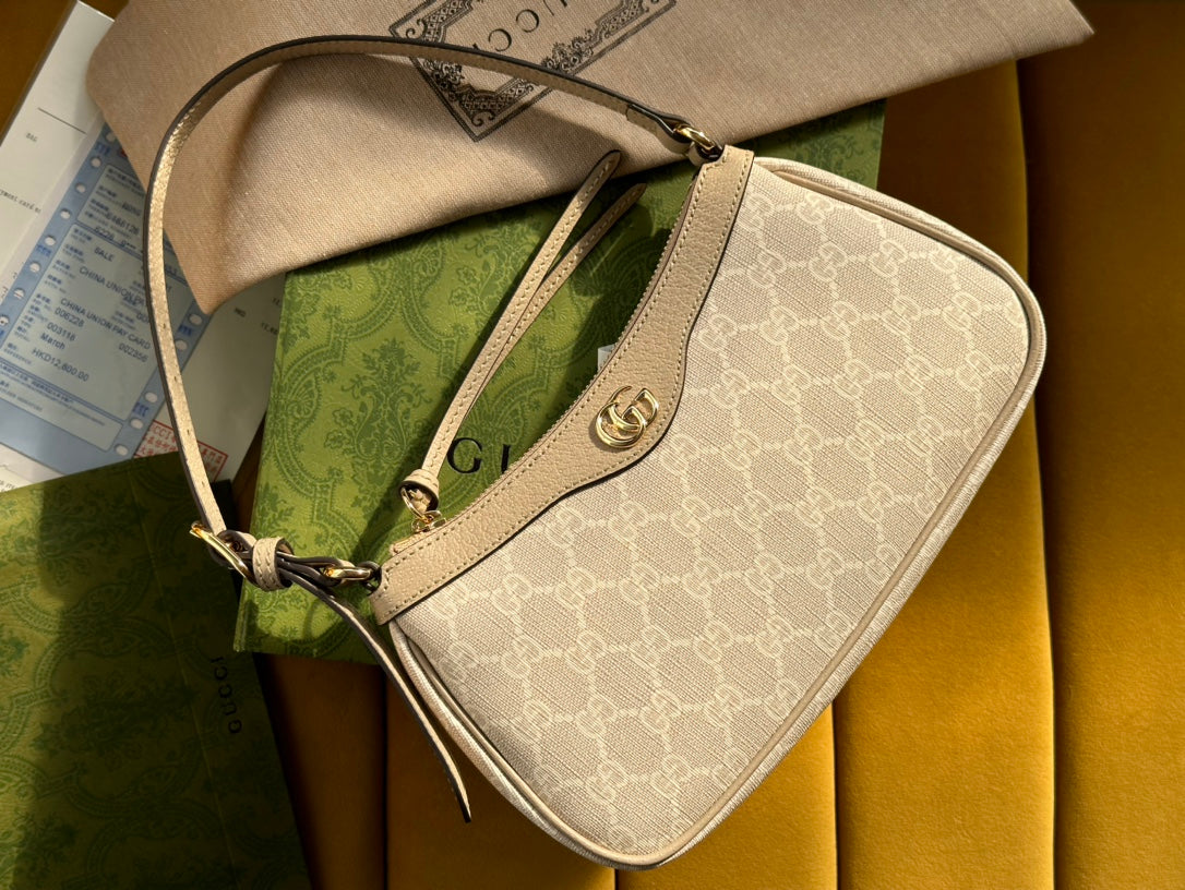 GUCCI OPHIDIA  SMALL 25 HANDBAG BEIGE AND WHITE SUPREME CANVAS
