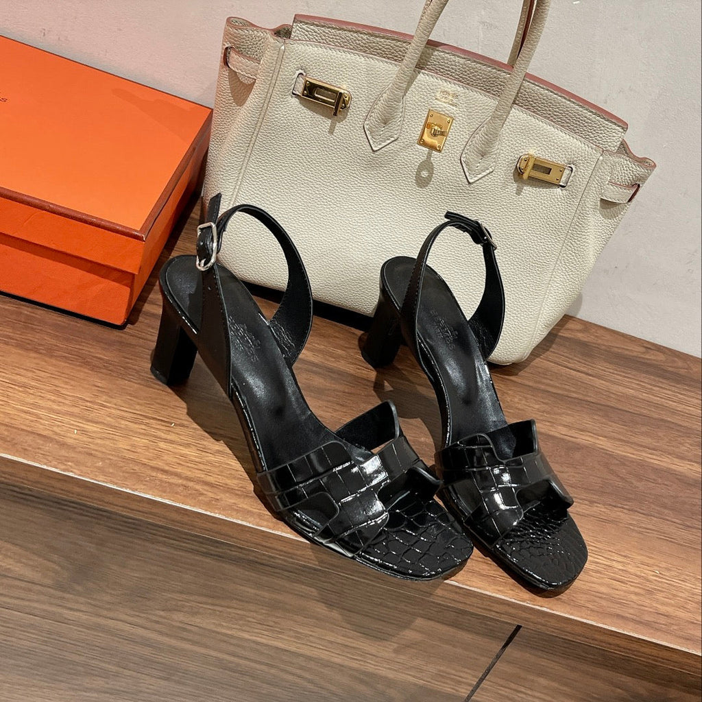 HERMES SLINGBACK ETERNITE 75 BLACK LAMBSKIN AND CROCODILE LEATHER