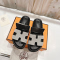 HERMES CHYPRE SANDAL BLACK LAMBSKIN AND SILVER DENIM
