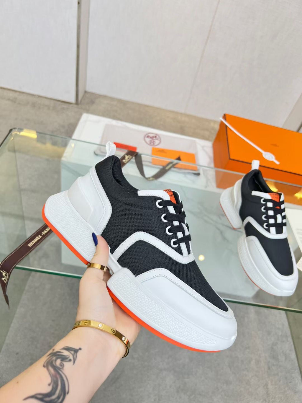 HERMES GIGA SNEAKER BLACK MIX WHITE CALFSKIN