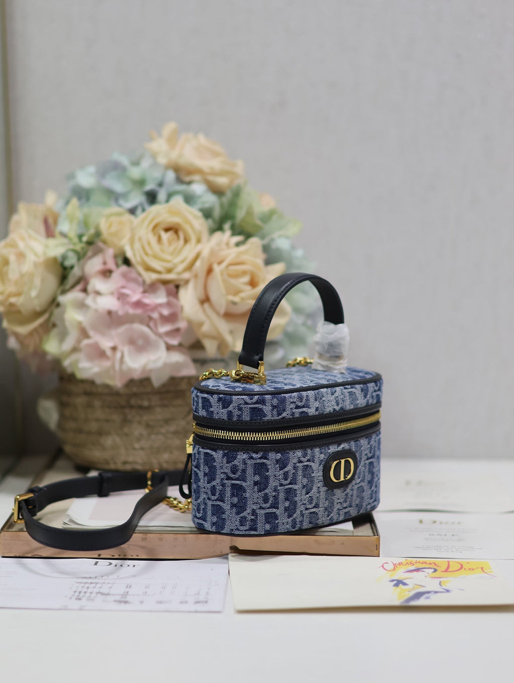 DIOR CARO MINI 16 VANITY CASE IN CERULEAN BLUE MONOGRAM DENIM