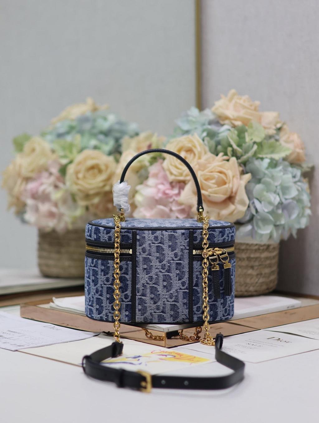 DIOR CARO SMALL 20 VANITY CASE IN CERULEAN BLUE MONOGRAM DENIM