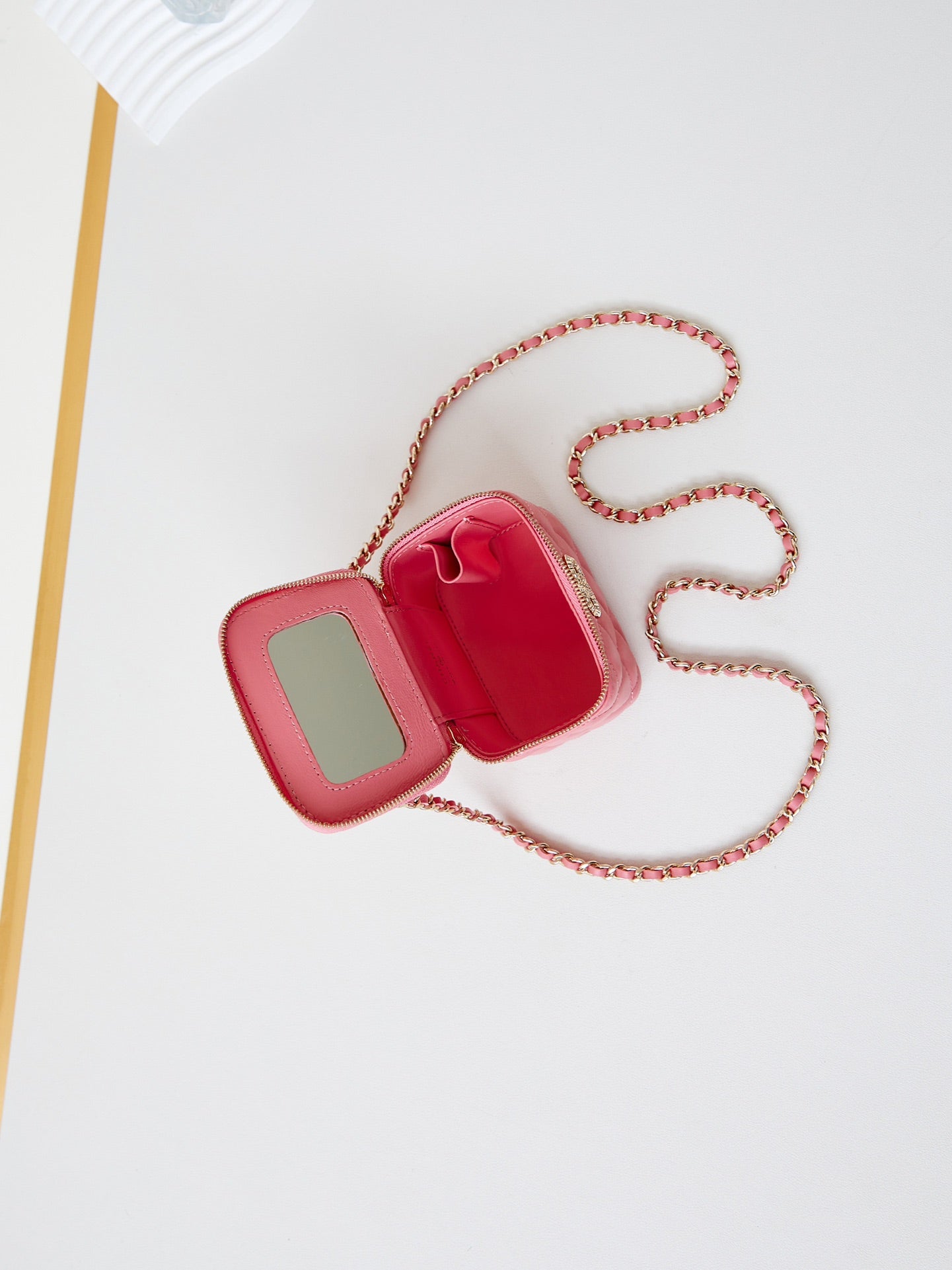 CHANEL 25S MINI VANITY BAG 11 CM IN PEACH PINK LAMBSKIN WITH CRYSTAL-EMBELLISHED  LOGO