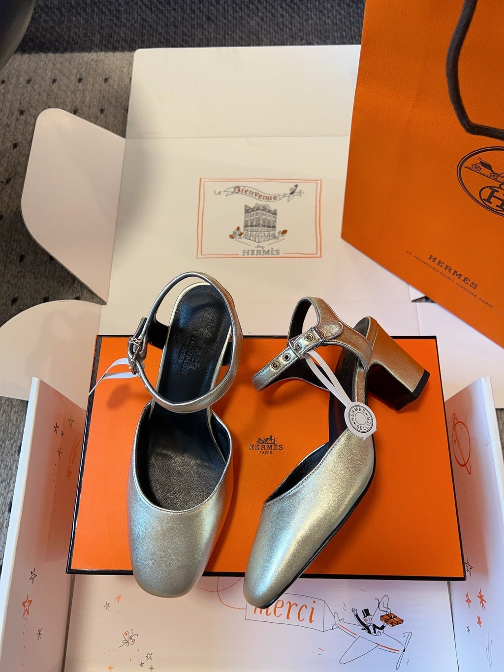 HERMES KLEO HIGH SLINGBACK IN SILVER CALFSKIN