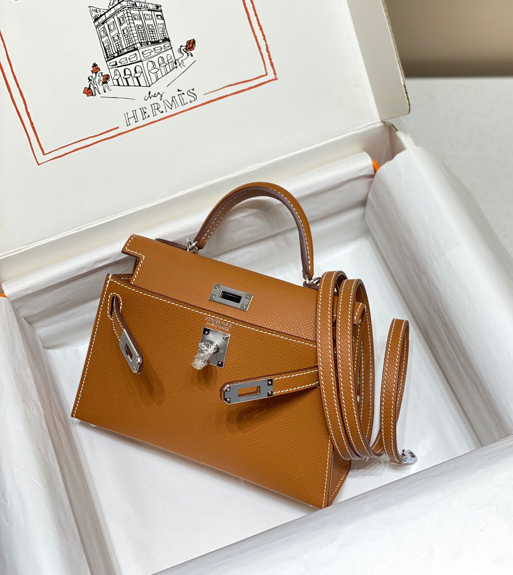 HERMES KELLY MINI 20 GOLDEN BROWN EPSOM SILVER HARDWARE