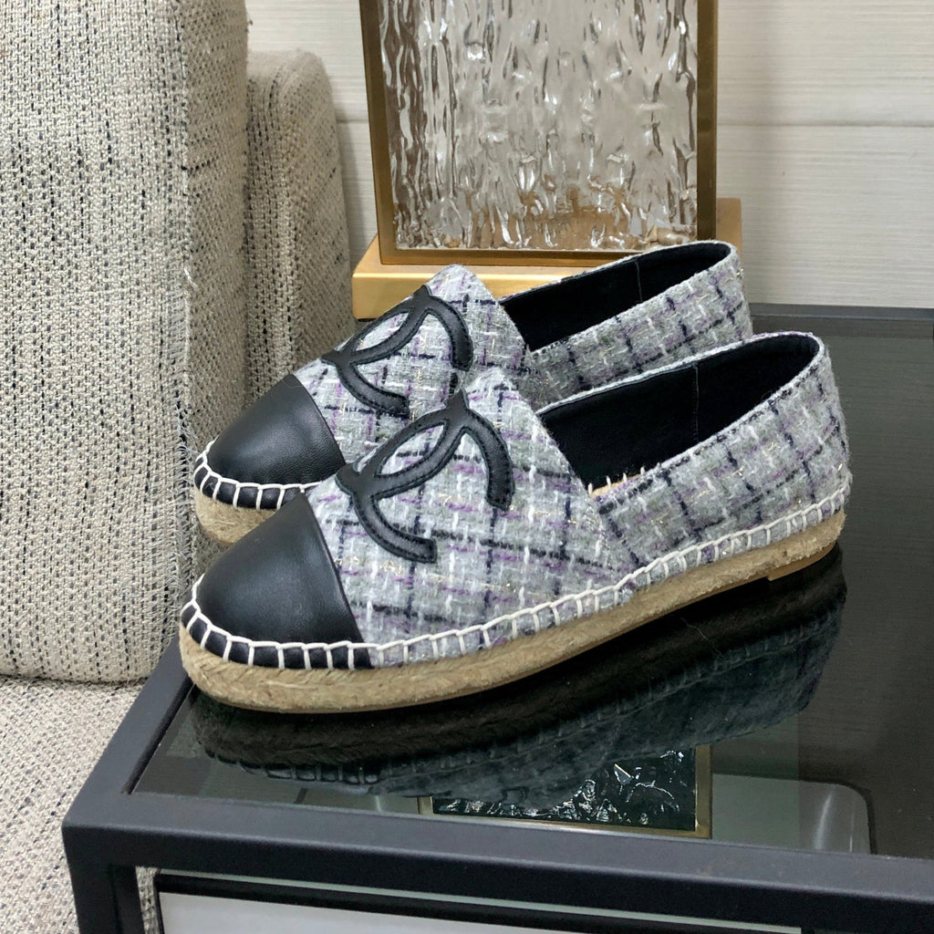 CHANEL ESPADRILLE COLORFUL TWEED FABRIC AND BLACK CALFSKIN FLATS