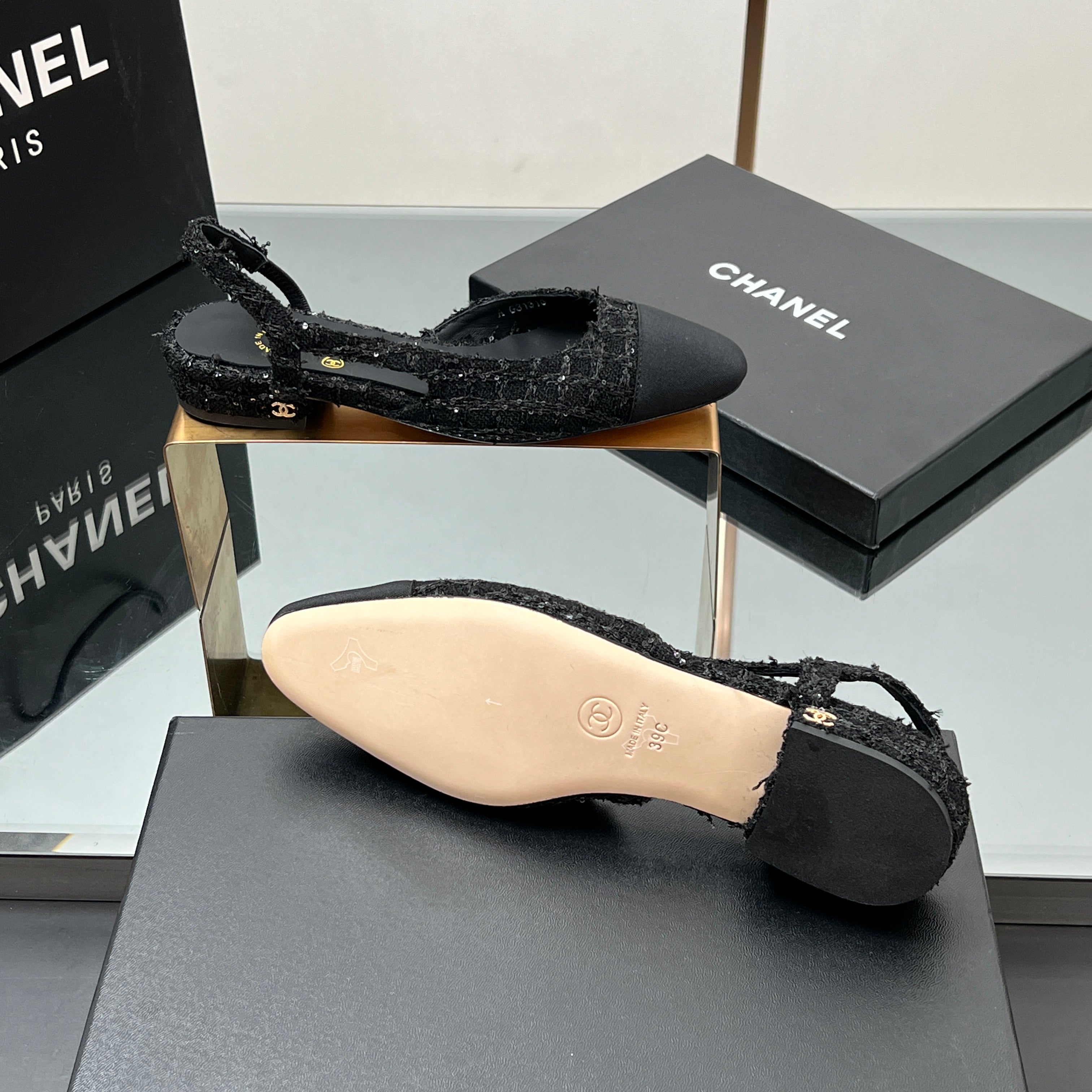 CHANEL SLINGBACK 25S IN BLACK FABRIC AND TWEED SEQUINED