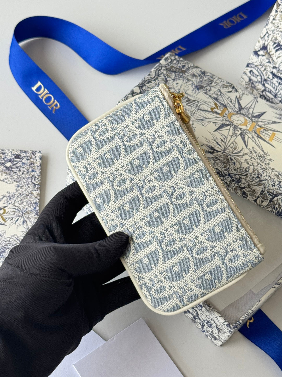 DIOR 25S TRAVEL MYRTE ZIPPED KEY CASE 14 IN BLUE  OBLIQUE JACQUARD CANVAS