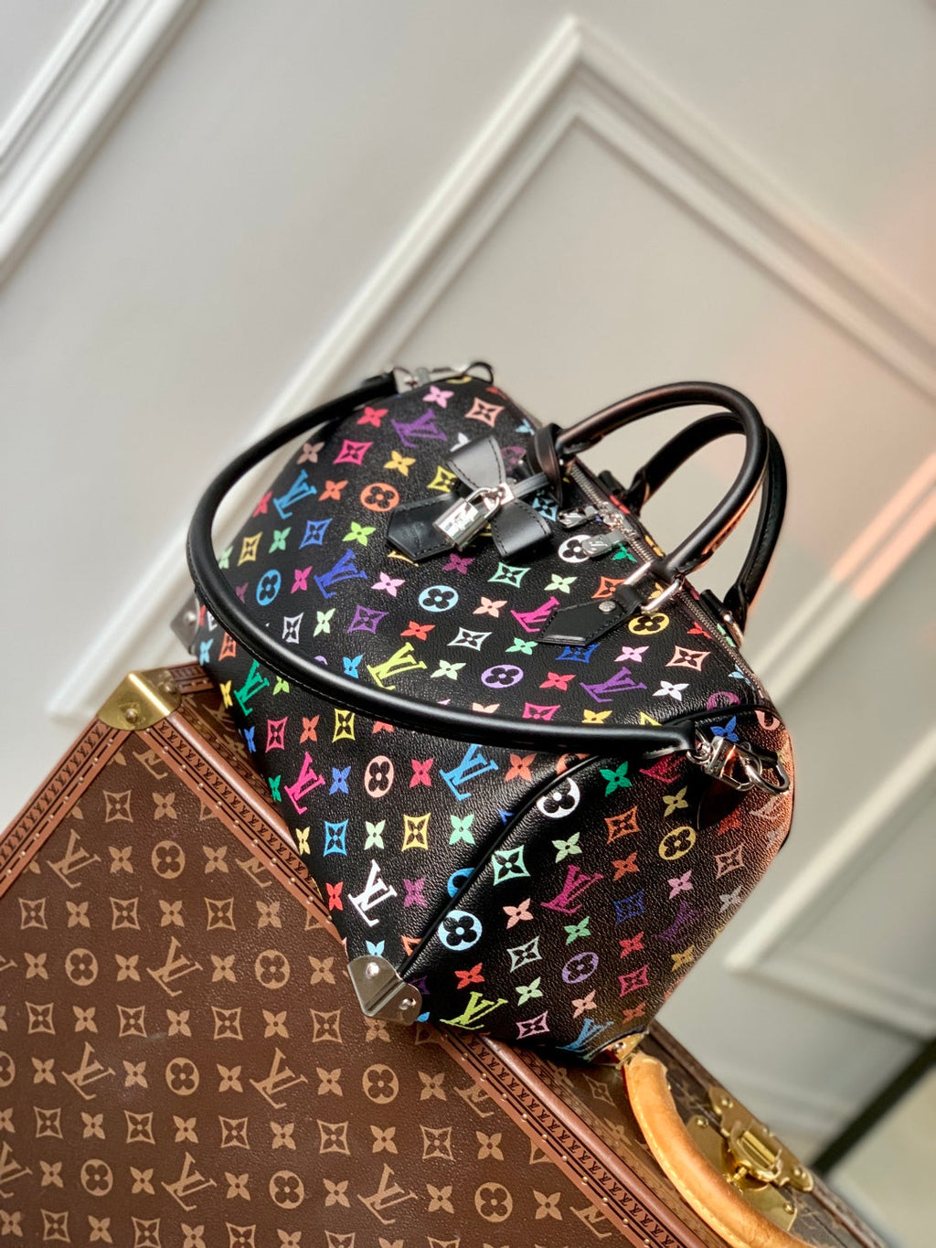 LOUIS VUITTON SPEEDY SOFT 30 IN COLORFUL MONOGRAM PATTERN AND BLACK COATED CANVAS