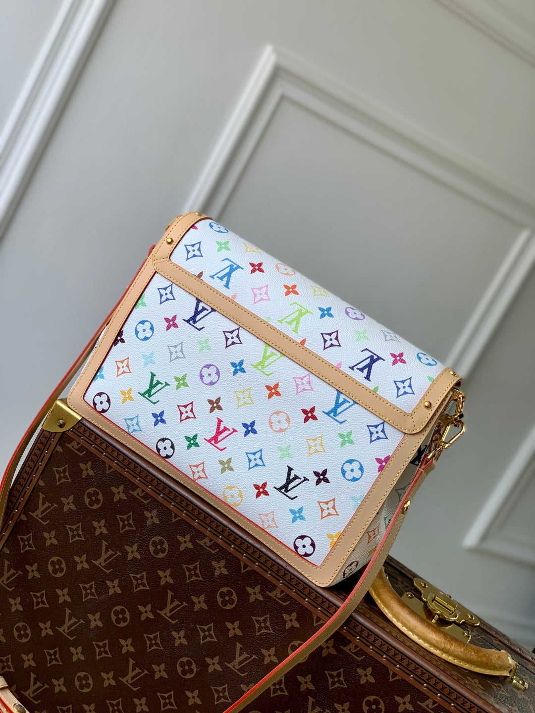 LOUIS VUITTON LV x TM DAUPHINE SOFT 28 IN COLORFUL MONOGRAM PATTERN AND WHITE COATED CANVAS