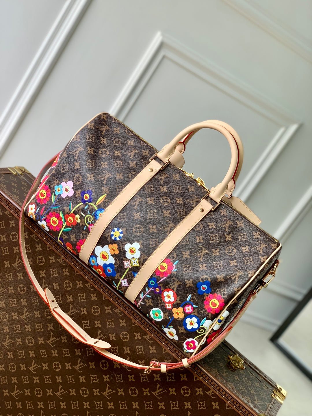 LOUIS VUITTON KEEPALL BANDOULIÈRE  FLORAL 45 IN BROWN MONOGRAM COATED CANVAS