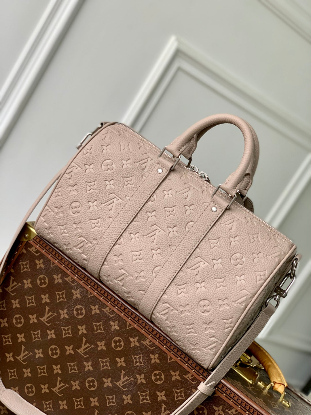 LOUIS VUITTON KEEPALL BANDOULIÈRE 34 BAG IN LIGHT BROWN MONOGRAM TAURILLON CALFSKIN