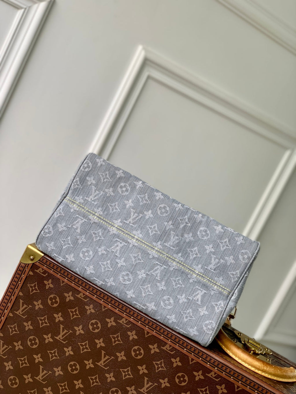 LOUIS VUITTON SPEEDY SOFT 30 IN GREY MONOGRAM DENIM LIGHT BROWN CALFSKIN