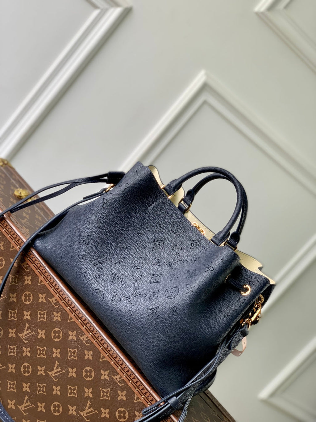 LOUIS VUITTON BELLA TOTE 32 IN DARK BLUE MONOGRAM PERFORATED CALFSKIN GOLD HARDWARE