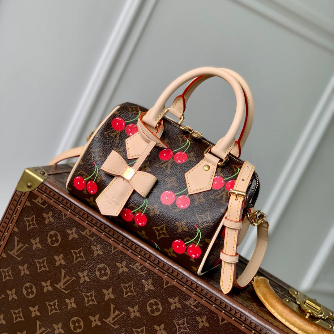 LOUIS VUITTON SPEEDY BANDOULIÈRE 20.5 BAG IN BROWN CANVAS CHERRY PRINTED