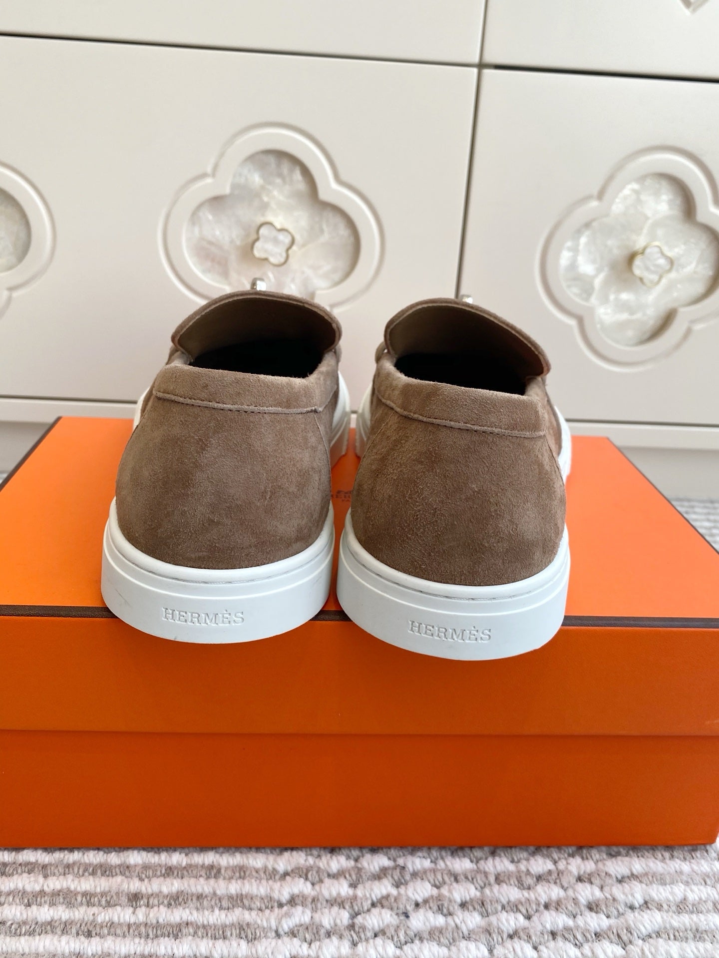 HERMES 25S SLIP-ON IN BROWN SUEDE WITH SILVER HARDWARE