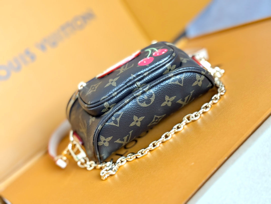 LOUIS VUITTON LV 25S MINI BUMBAG 17 IN BROWN CANVAS MONOGRAM CHERRY PRINT GOLD HARDWARE