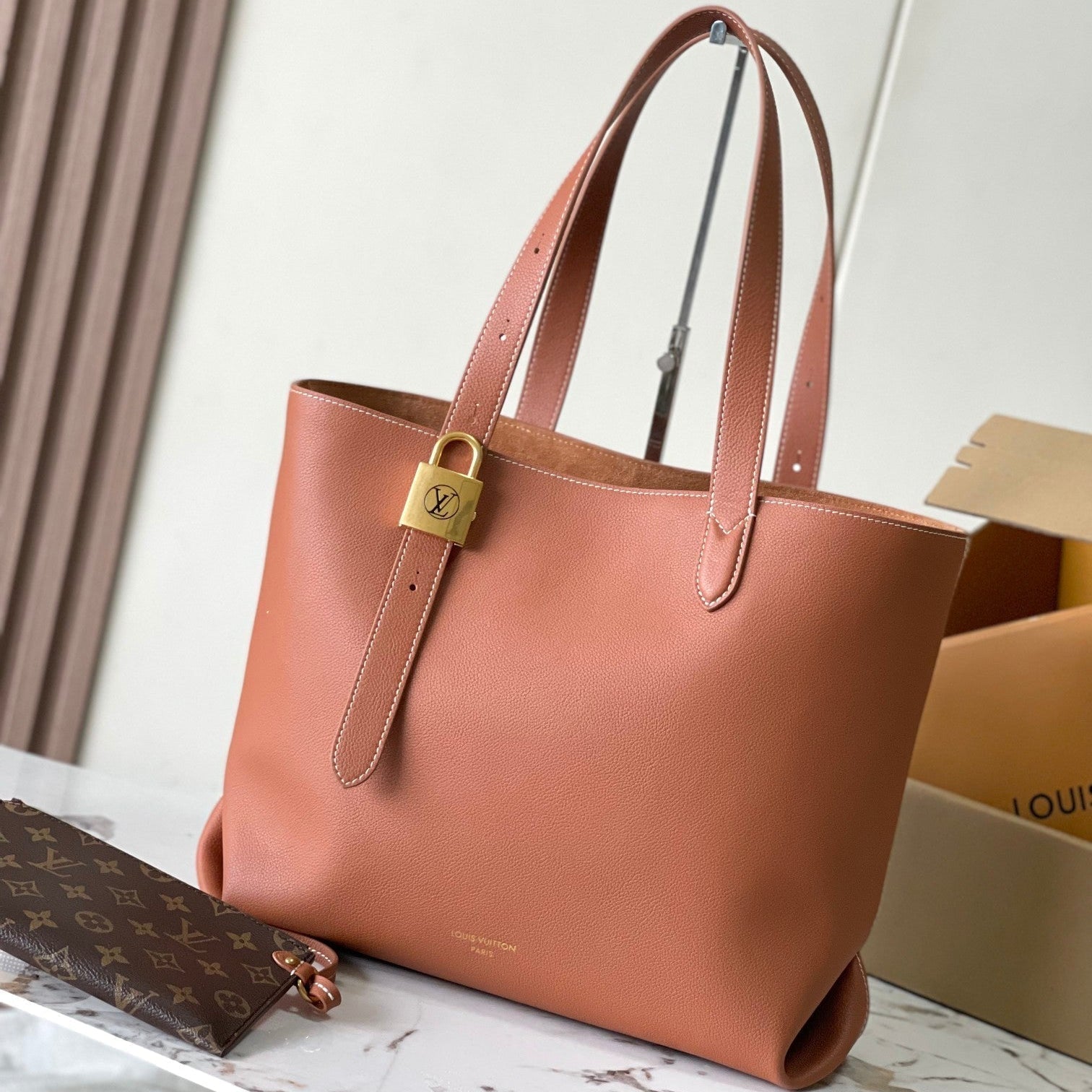 LOUIS VUITTON LOW KEY CABAS 47 IN SASSY SALMON GRAINED CALFSKIN GOLD BUCKLE