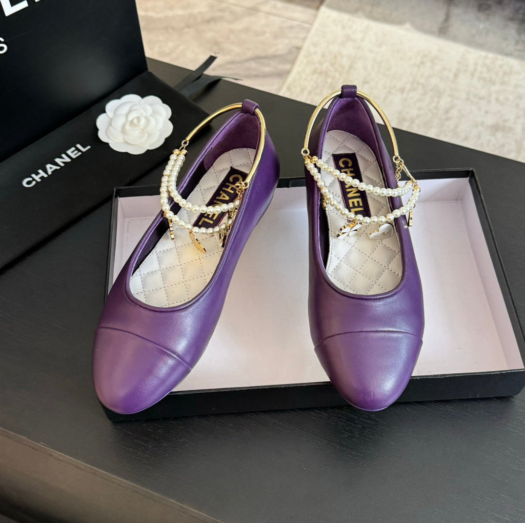 CHANEL Double Strap Chunky Heel Mary Jane Shoes Violet Purple