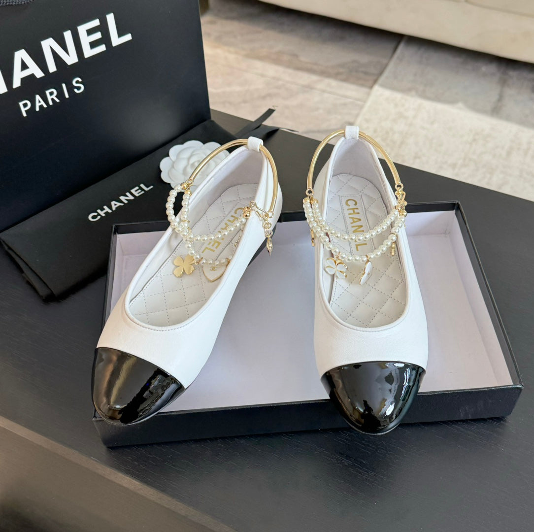 CHANEL Double Strap Chunky Heel Mary Jane Shoes White Black