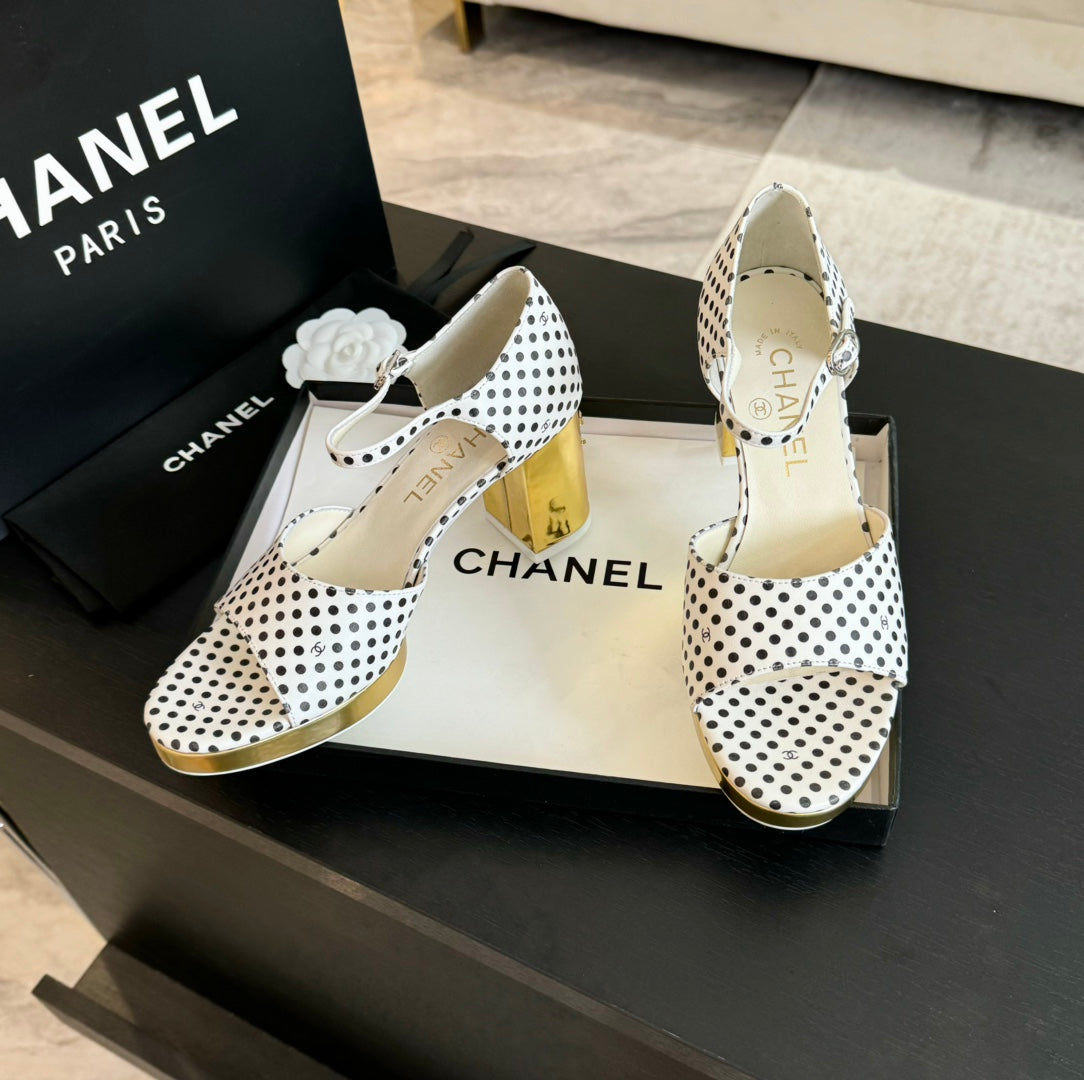 CHANEL Platform Peep-Toe Sandals White/Black Caro Lambskin