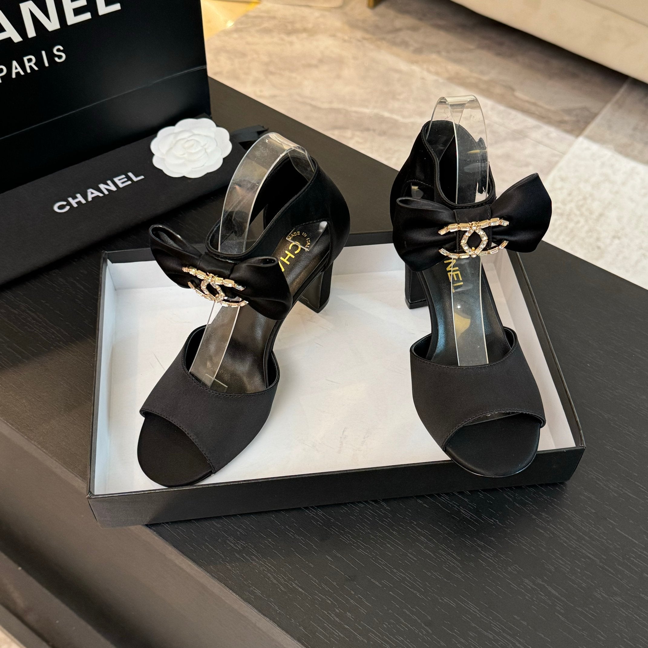 CHANEL HIGH SANDAL OPEN TOE IN BLACK SATIN