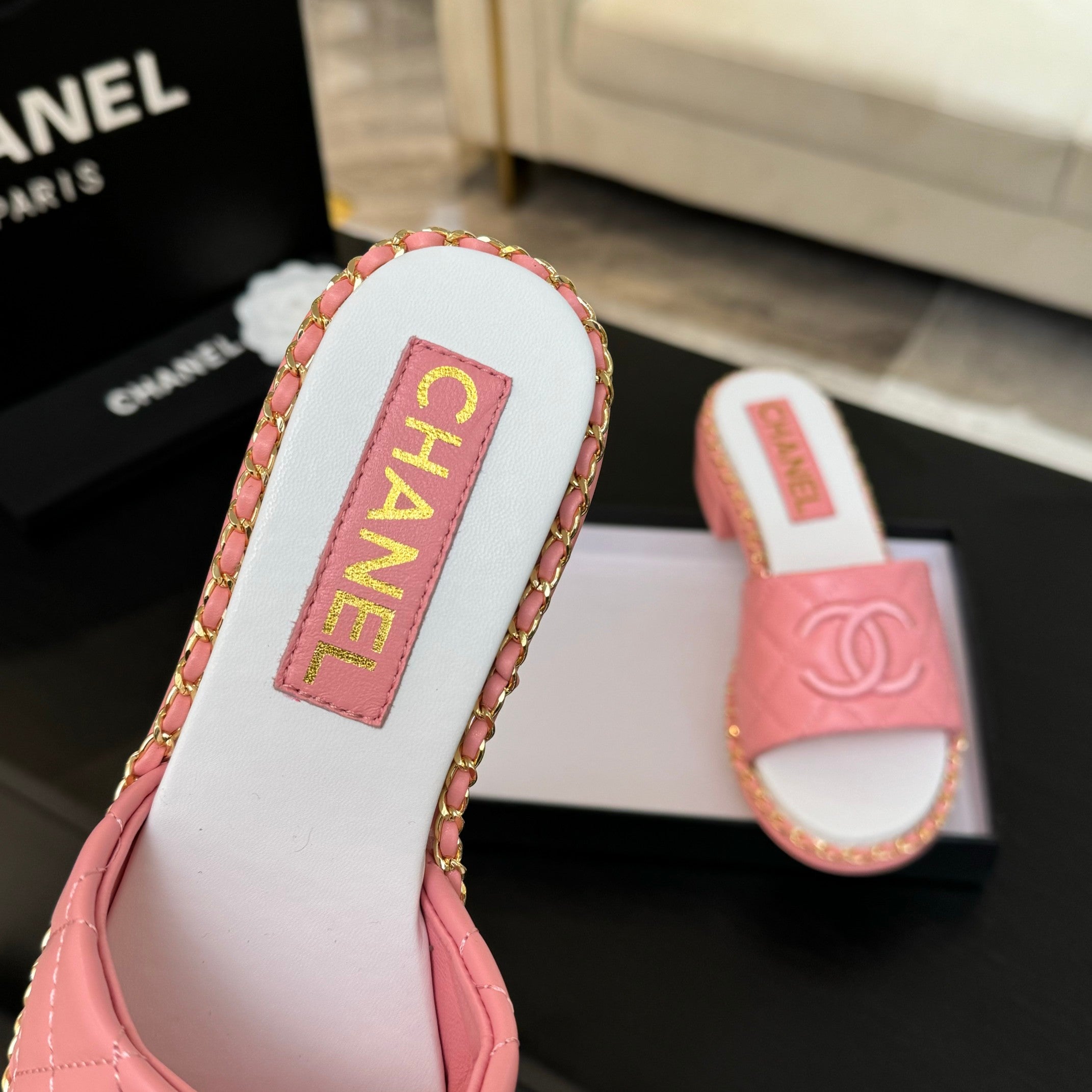 CHANEL HIGH FLATFORM SLIPPER IN ROUGE PINK EMBOSSED SHEEPSKIN