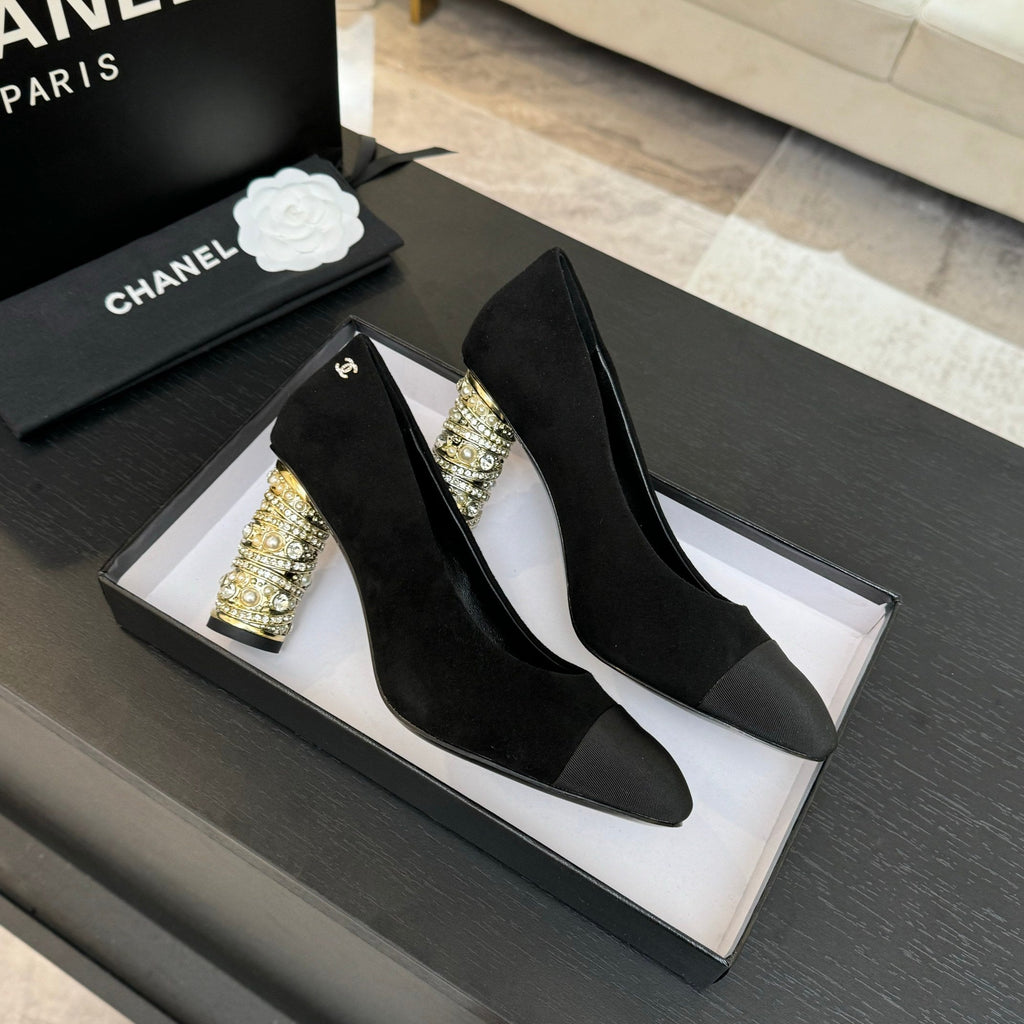 CHANEL HIGH HEEL 85 MM SANDALS IN BLACK SUEDE AND FABRIC