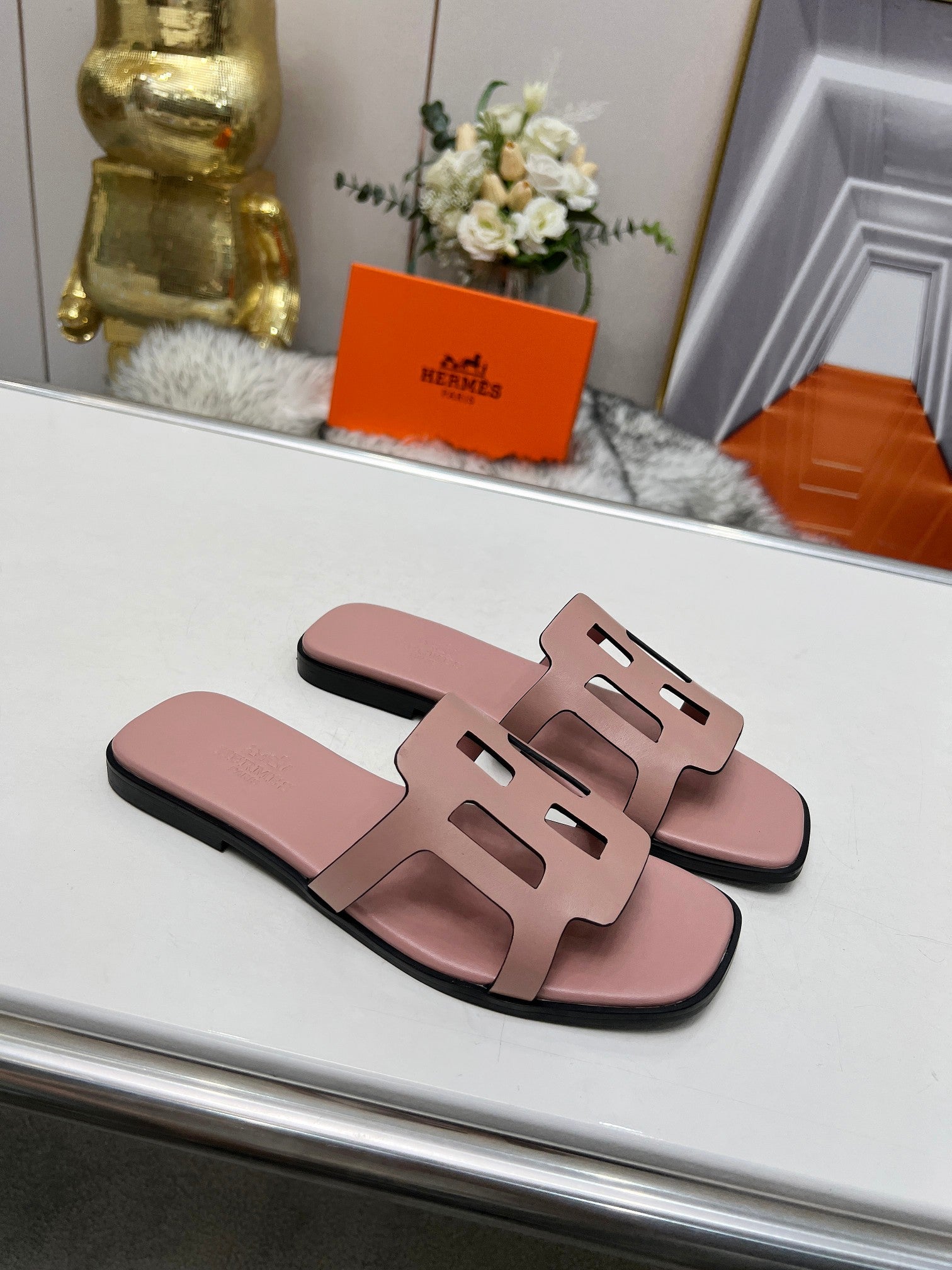 HERMES FLATFORM SANDAL LIGHT PINK CALFSKIN