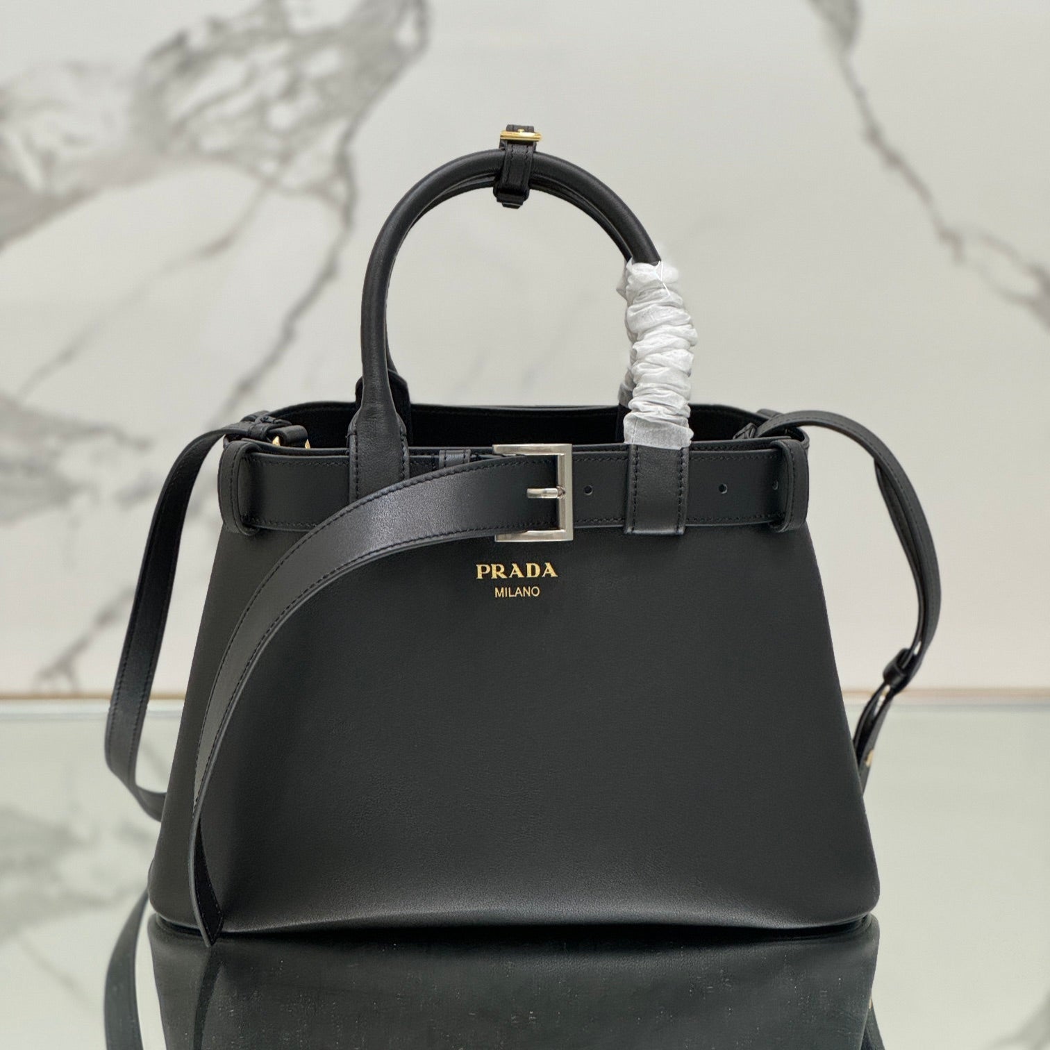 PRADA TOTE BAG WITH BELT 32 IN BLACK IMPORTED CALFSKIN