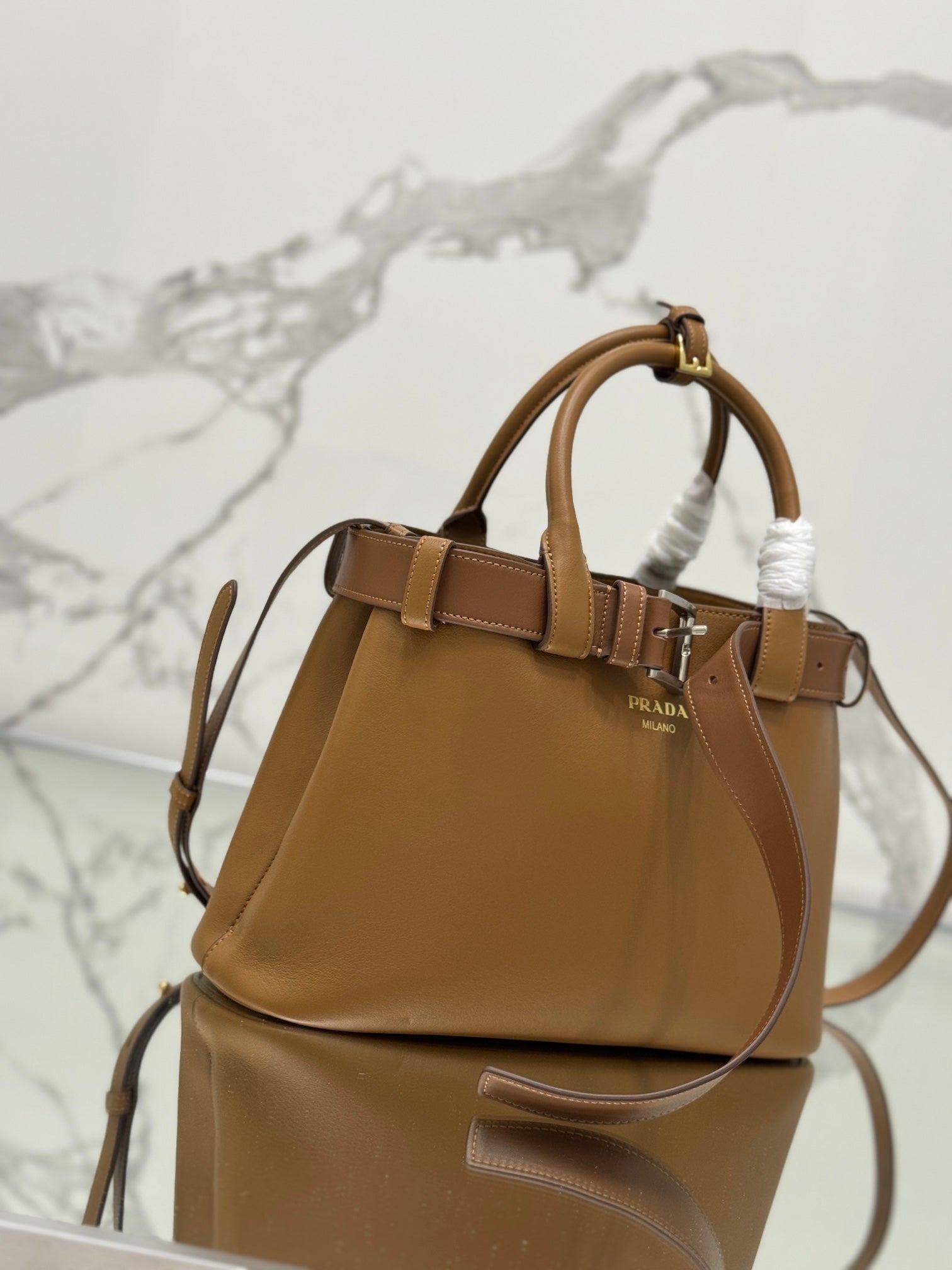 PRADA TOTE BAG WITH BELT 32 IN CIDER BROWN IMPORTED CALFSKIN