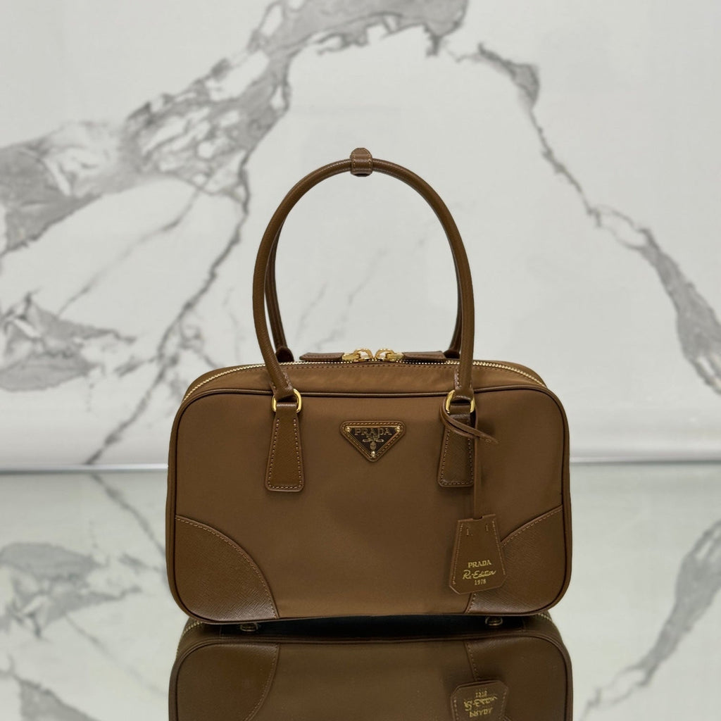 PRADA MEDIUM TOP HANDLE BAG 30 IN CHERRY WOOD NYLON AND CALFSKIN TRIM