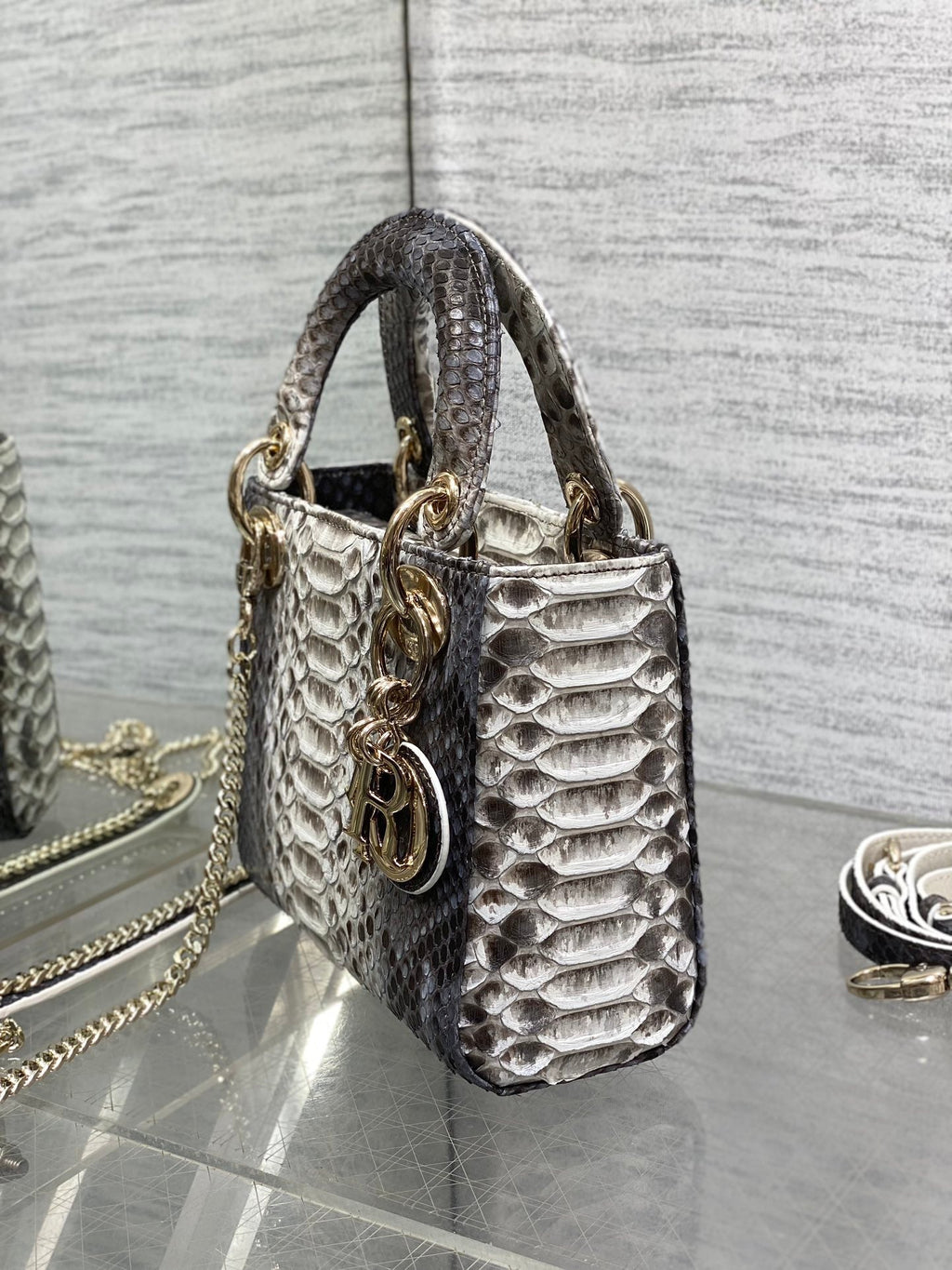 DIOR MINI 17 LADY BAG IN WHITE MIX BLACK SNAKESKIN PATTERN LAMBSKIN