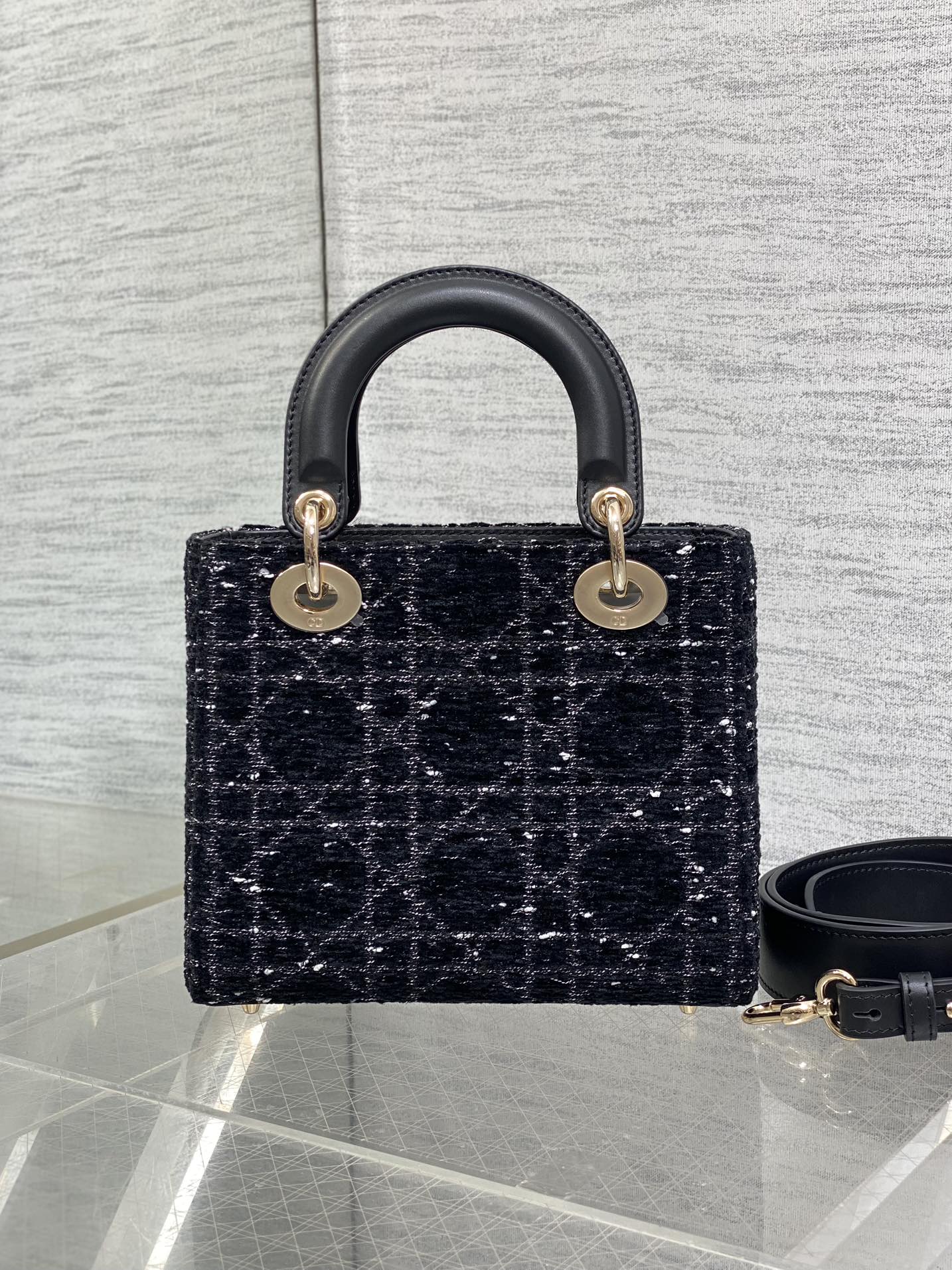 DIOR MINI 20 LADY BAG IN BLACK MIX WHITE CANNAGE TWEED WITH GOLD HARDWARE