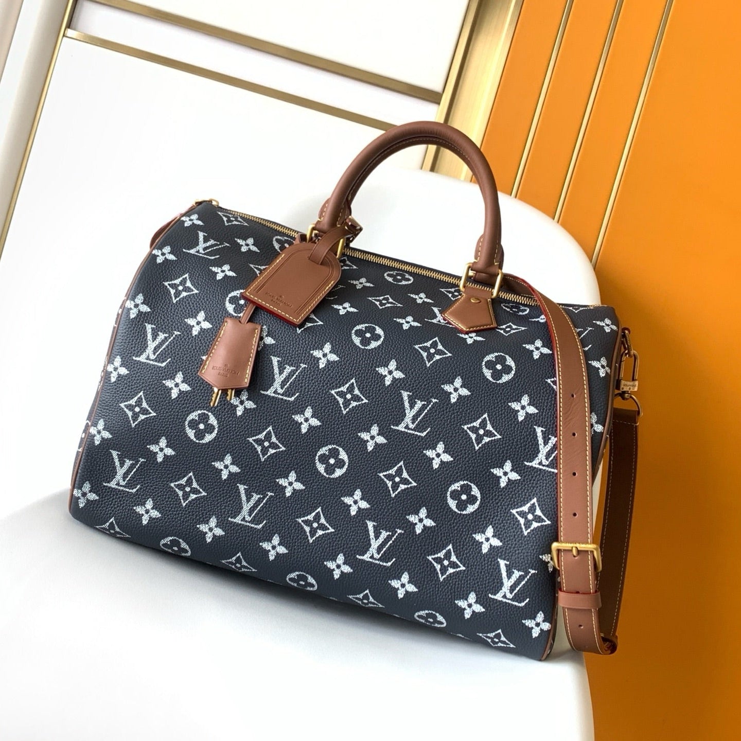 LOUIS VUITTON LV 25S SPEEDY BANDOULIÈRE BAG 40 IN CHARCOAL BLUE CALFSKIN GOLD HARDWARE