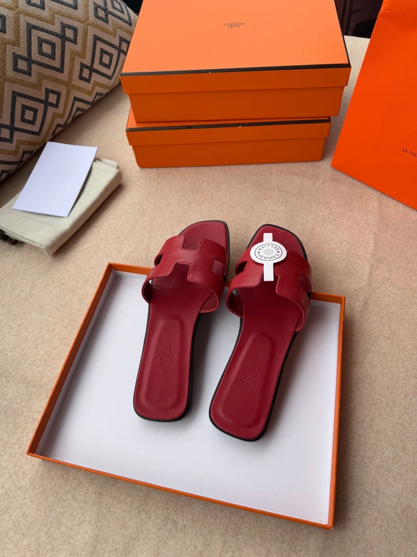 HERMES 0RAN SANDALS IN JAM RED CALFSKIN