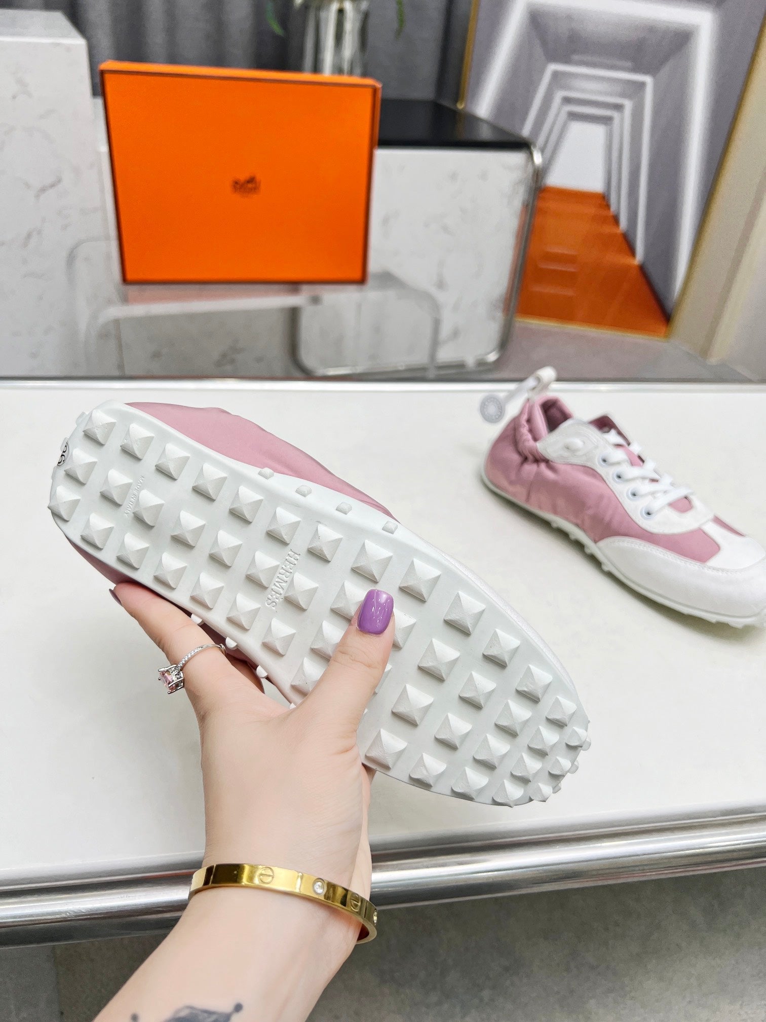 HERMES SKATEBOARD SHOES LIGHT PINK MIX WHITE SUEDE