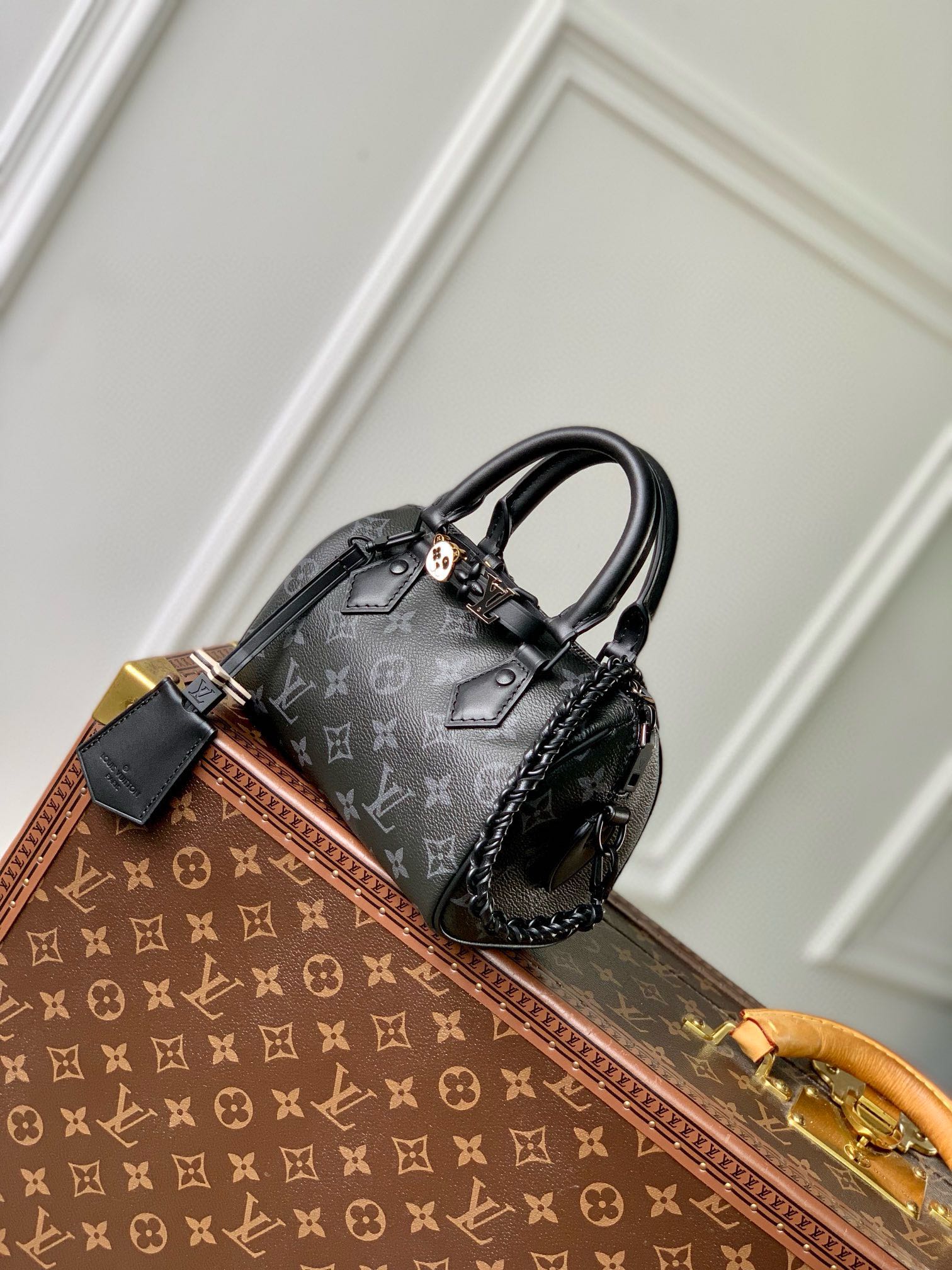 LOUIS VUITTON SPEEDY BAG 18 IN BLACK MONOGRAM COATED CANVAS BLACK HARDWARE